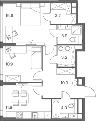 2-комн., 65.1 м², 32/43 этаж, ЖК «ЛОТ от Аквилон»