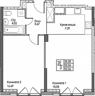 2-комн., 52.25 м², 12/20 этаж, ЖК «ЭВОПАРК Сокольники»