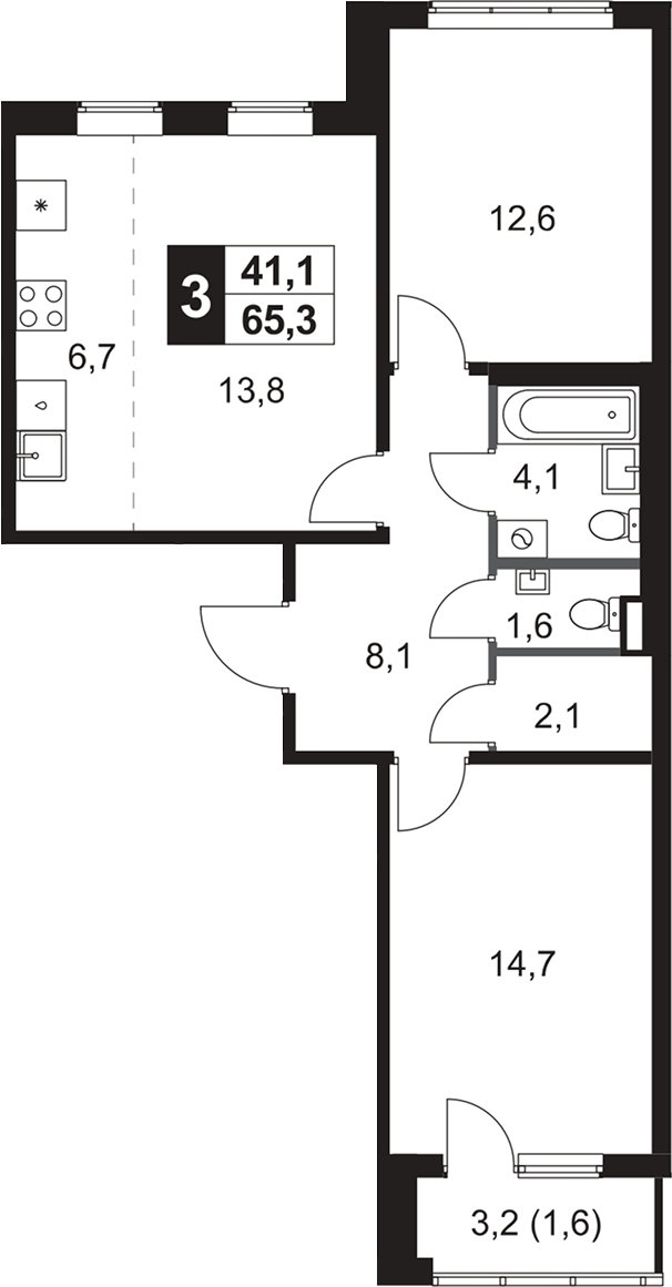 3-комн., 63.7 м², 2/5 этаж, ЖК «1-й Ясеневский»
