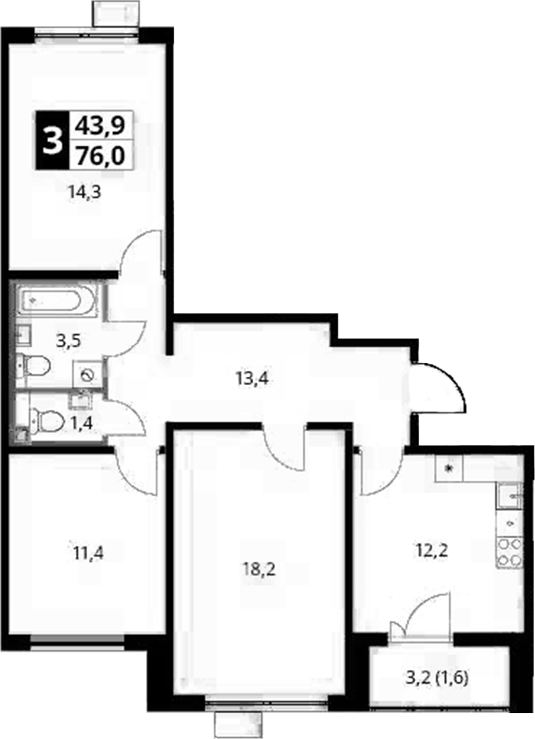 3-комн., 74.4 м², 15/20 этаж, ЖК «Южная Битца»