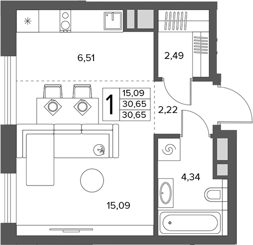 Студия, 30.65 м², 4/14 этаж, ЖК «Городской бор»