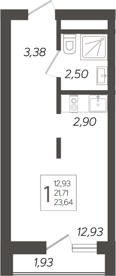 Студия, 21.71 м², 2/19 этаж, ЖК «Кислород»