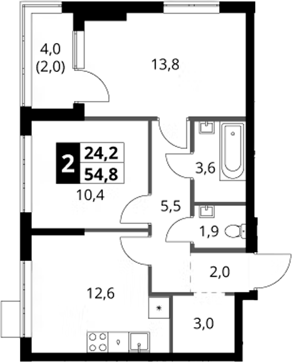 2-комн., 52.8 м², 14/16 этаж, ЖК «1-й Ясеневский»