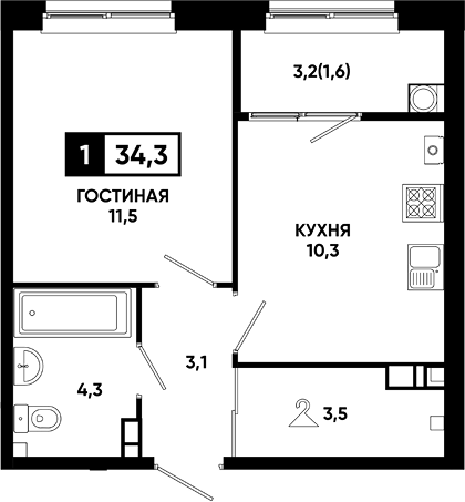 1-комн., 32.7 м², 5/8 этаж, ЖК «Резиденция Софи»