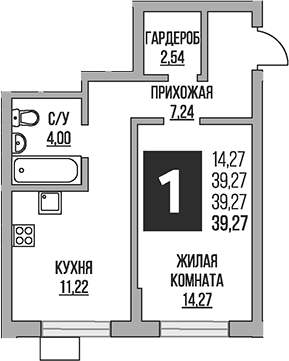 1-комн., 39.27 м², 8/8 этаж, ЖК «Гранель Живописный»