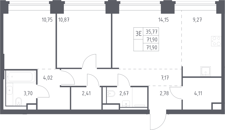 3-комн., 71.9 м², 17/32 этаж, ЖК «НОВА»