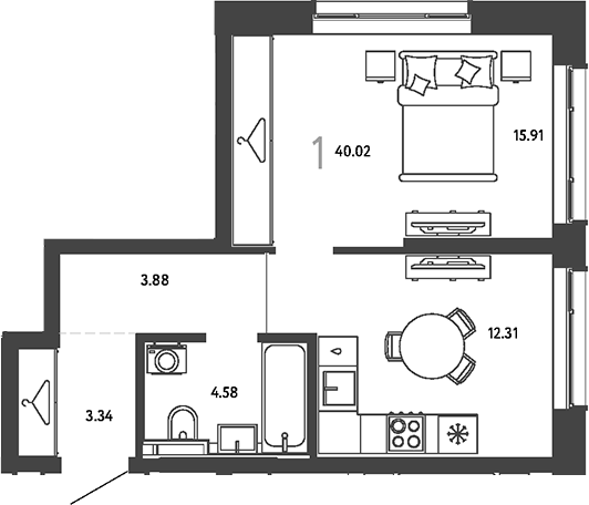 1-комн., 40.02 м², 22/24 этаж, ЖК «Страна.Парковая»