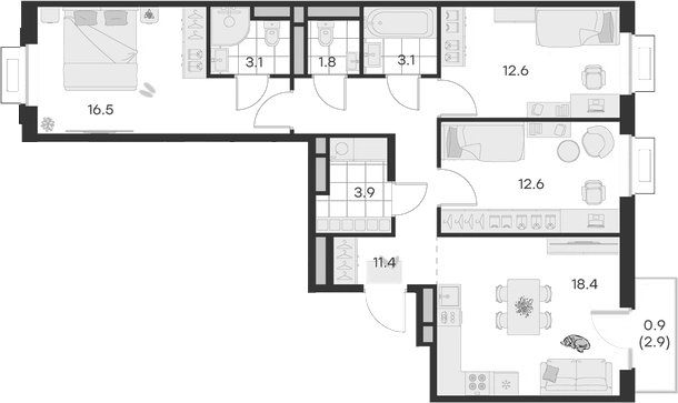 3-комн., 83.4 м², 3/4 этаж, ЖК «Михалевич»