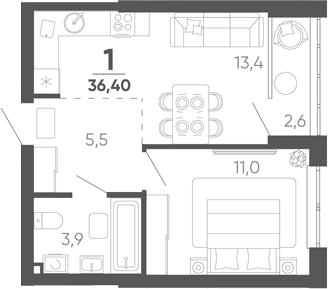 1-комн. квартира, 33.8 м² в ЖК Барса — фото 2