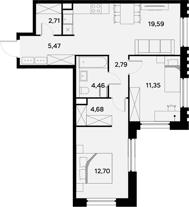 3-комн., 63.75 м², 46/52 этаж, ЖК «УЛЬТИМА Сити»