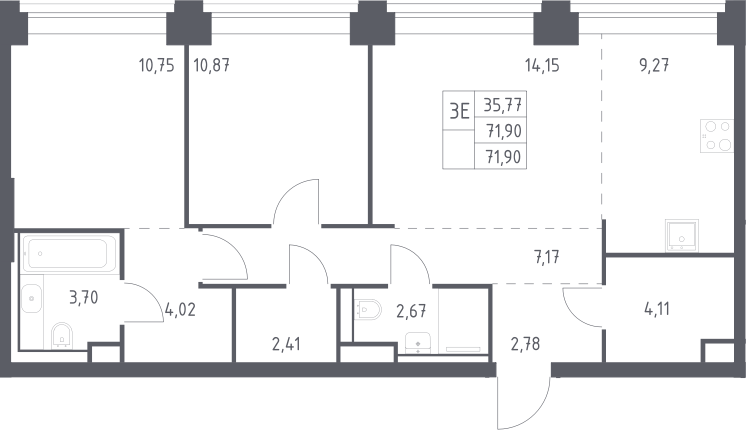 3-комн., 71.9 м², 6/32 этаж, ЖК «НОВА»