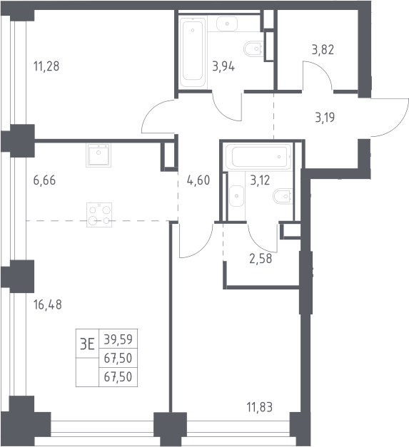 3-комн., 67.5 м², 15/32 этаж, ЖК «НОВА»