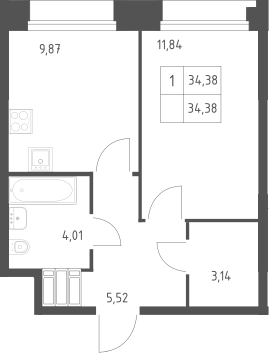 1-комн., 34.38 м², 23/23 этаж, ЖК «Тропарево Парк»