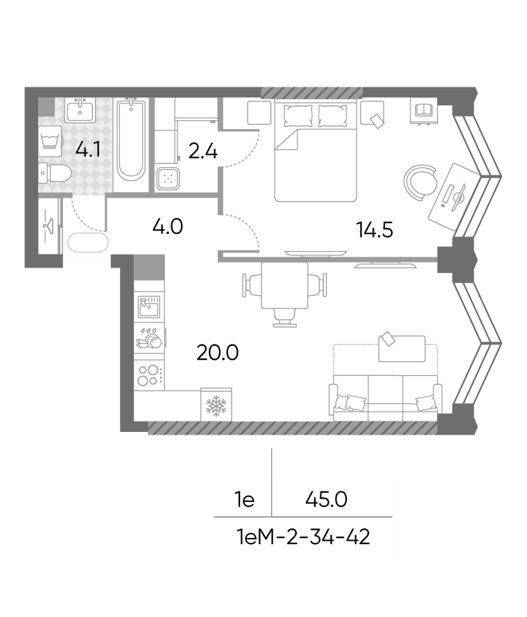 2-комн., 45 м², 40/43 этаж, ЖК «ЗилАрт»