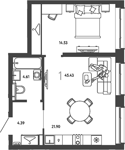 1-комн., 45.43 м², 21/24 этаж, ЖК «Страна.Парковая»