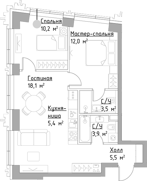 3-комн., 58.6 м², 16/45 этаж, ЖК «Левел Павелецкая Сити»
