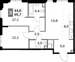 3-комн., 65.7 м², 39/42 этаж, ЖК «Сидней Сити»