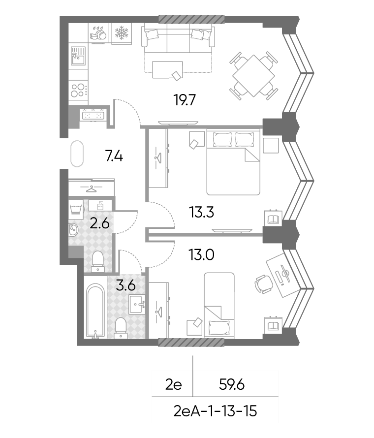 3-комн., 59.6 м², 13/43 этаж, ЖК «ЗилАрт»