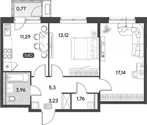 2-комн., 55.8 м², 21/21 этаж, ЖК «Космопарк»