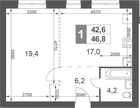 1-комн., 46.8 м², 1/4 этаж, ЖК «Дубровицы Клаб»