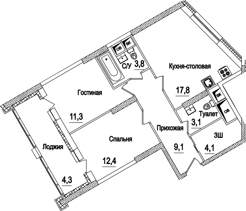 3-комн., 62 м², 20/21 этаж, ЖК «Рассказово»