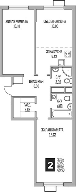 2-комн., 69.58 м², 3/17 этаж, ЖК «Гранель Алексеевская роща»
