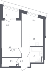 2-комн., 43.5 м², 11/28 этаж, ЖК «Скай Спутник»
