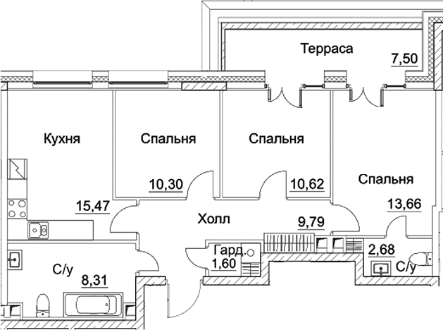 3-комн., 72.43 м², 28/28 этаж, ЖК «СЕЗАР СИТИ»