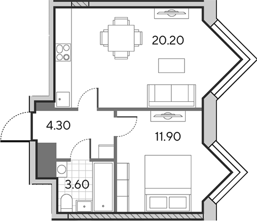 2-комн., 40 м², 27/30 этаж, ЖК «Вейв»