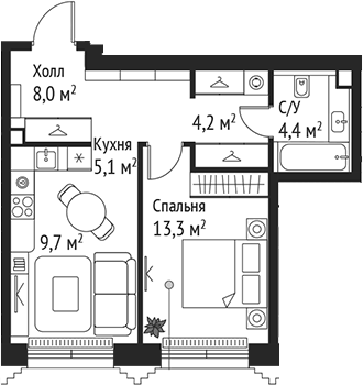 2-комн., 44.7 м², 7/59 этаж, ЖК «СЕТ»