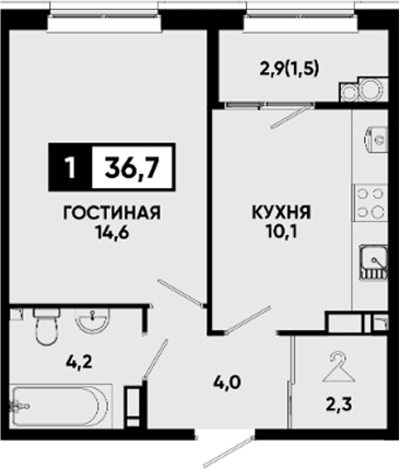 1-комн., 35.2 м², 12/14 этаж, ЖК «Квартал на курорте Моя Легенда»