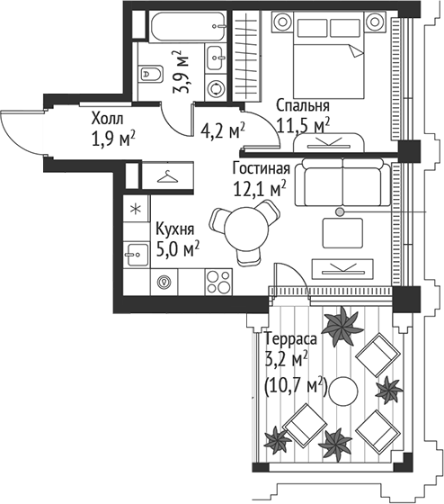 2-комн., 38.6 м², 35/45 этаж, ЖК «СЕТ»