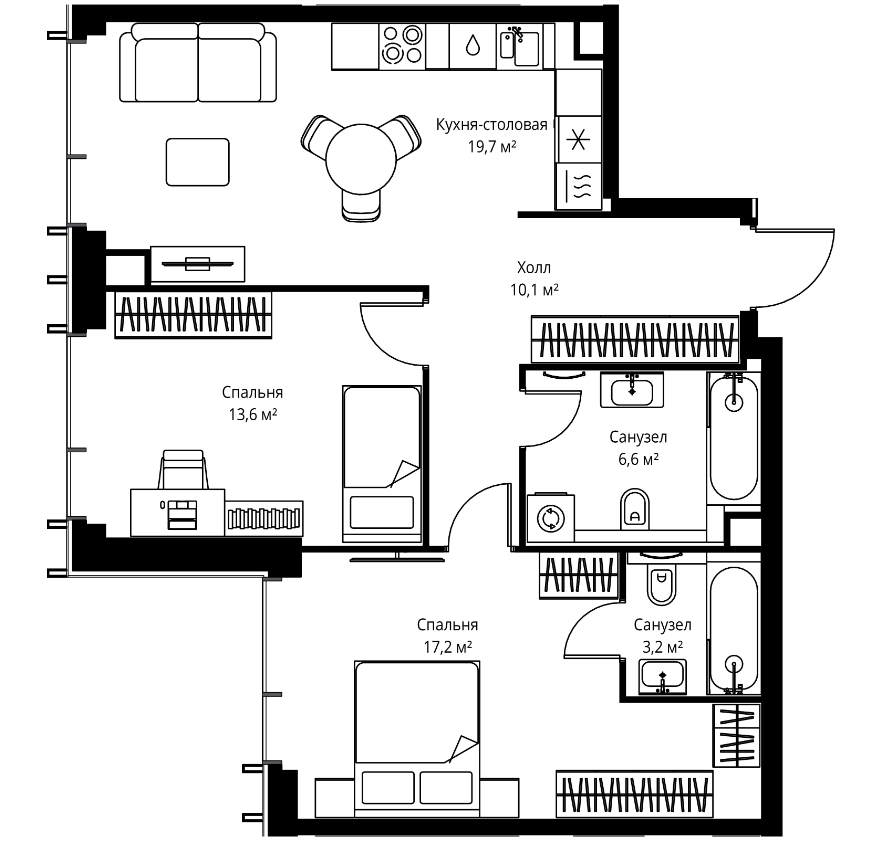 2-комн., 70.4 м², 51/59 этаж, ЖК «Веер»