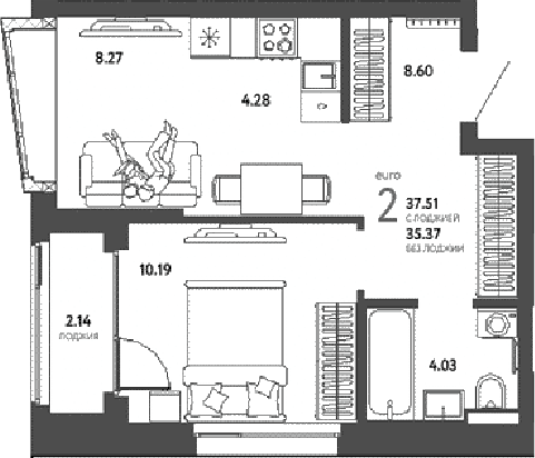 2-комн., 35.37 м², 16/16 этаж, ЖК «Страна.Парковая»