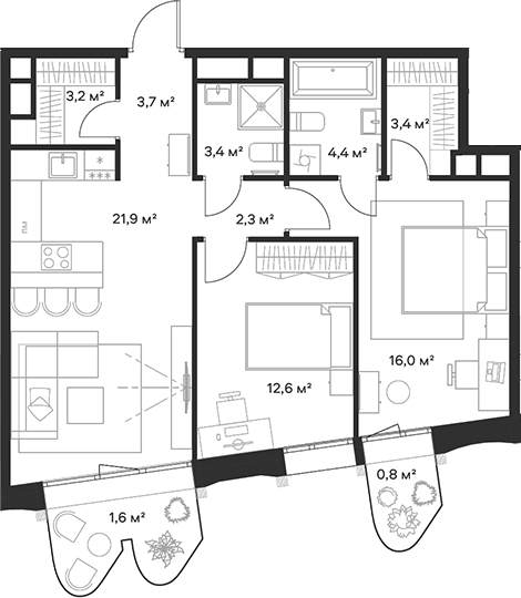 3-комн., 70.9 м², 12/23 этаж, ЖК «Союз»