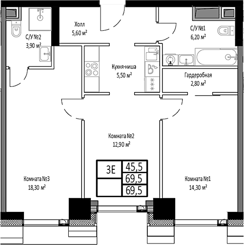 3-комн., 69.5 м², 17/35 этаж, ЖК «Мираполис»