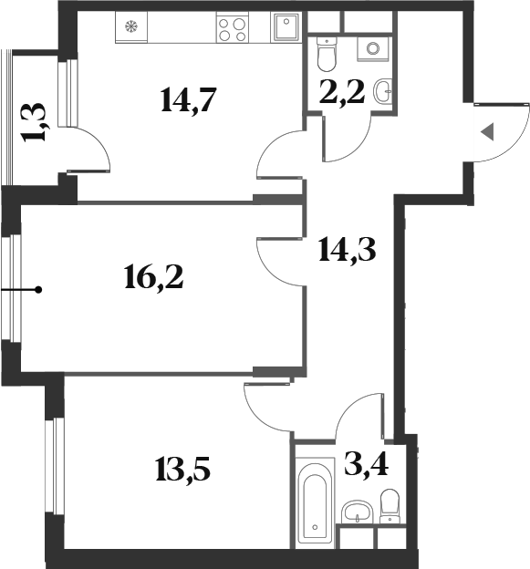 2-комн., 63.5 м², 3/6 этаж, ЖК «Миниполис 8 Кленов»