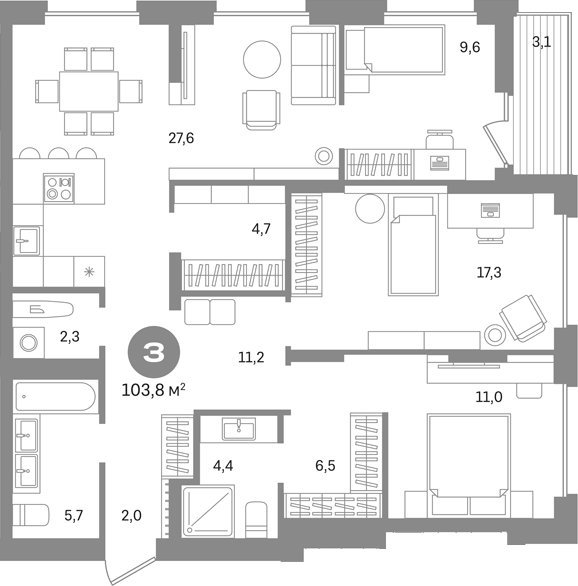 3-комн., 102.2 м², 13/16 этаж, ЖК «Первый квартал. Вторая очередь»