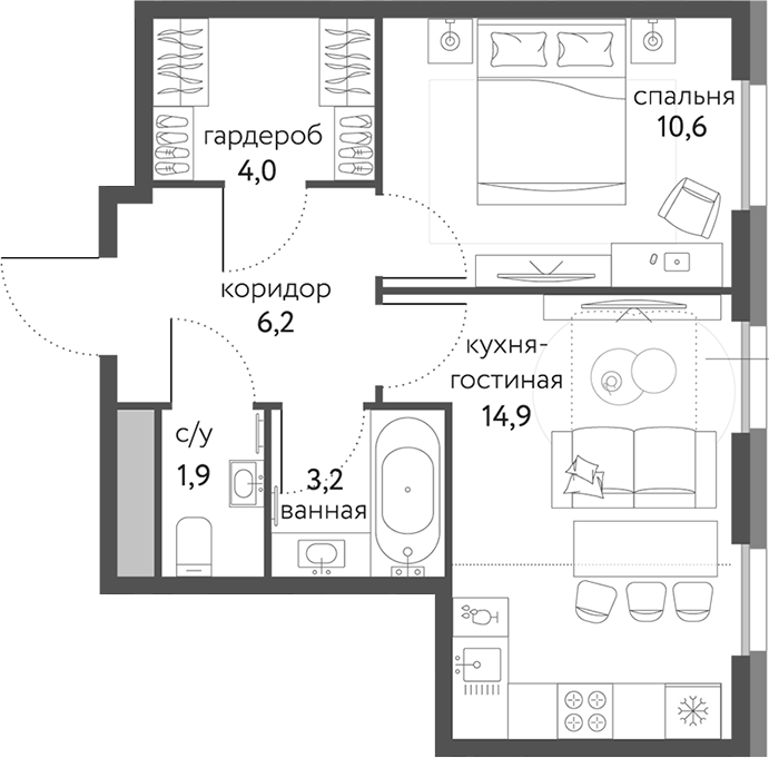 2-комн., 41.9 м², 3/13 этаж, ЖК «Сиреневый парк»