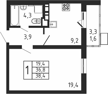 1-комн., 36.8 м², 5/9 этаж, ЖК «Пироговская ривьера. Мытищи»