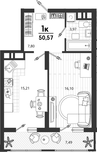 Продается 1-комн. квартира, 43.08 м² — фото 2