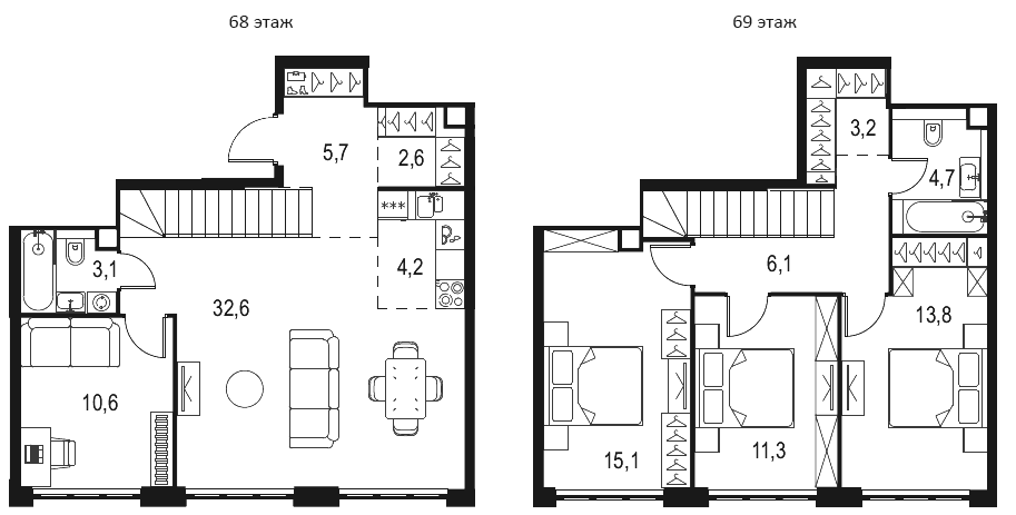 4+ комнаты, 113 м², 68/69 этаж, ЖК «Левел Южнопортовая»