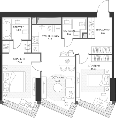 3-комн., 70.04 м², 8/49 этаж, ЖК «ХАЙДАУТ»