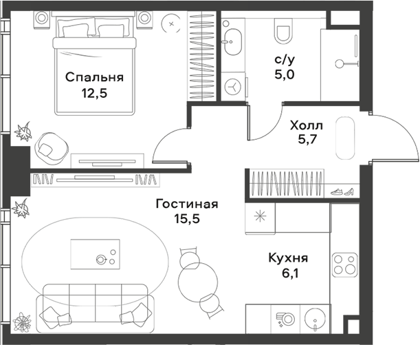 2-комн., 44.8 м², 18/39 этаж, ЖК «АЛИА»