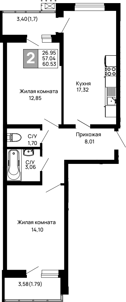 2-комн. квартира, 57.04 м² в ЖК Долина — фото 2