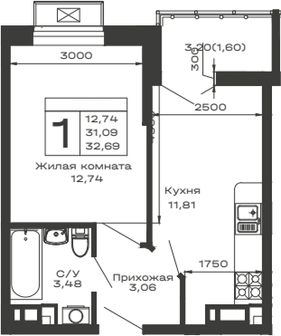 1-комн. квартира, 31.09 м² в ЖК Долина — фото 2