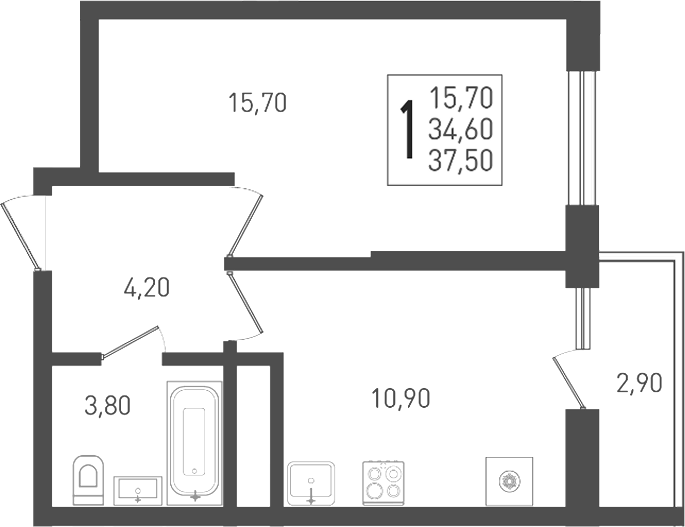 1-комн. квартира, 34.6 м² в ЖК ЖК «Кубанская Крепость» — фото 2