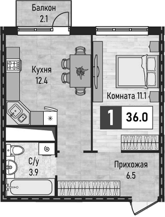 1-комн., 33.9 м², 10/10 этаж, ЖК «Живописный»