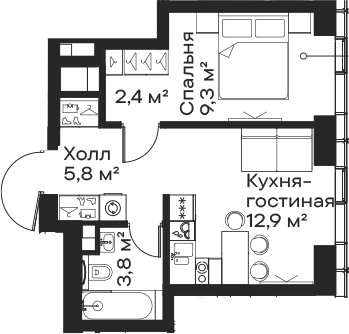2-комн., 34.2 м², 19/59 этаж, ЖК «Сити Бэй»