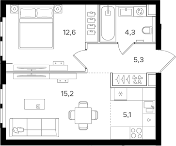 2-комн., 42.5 м², 25/25 этаж, ЖК «НАЗАРЕ»
